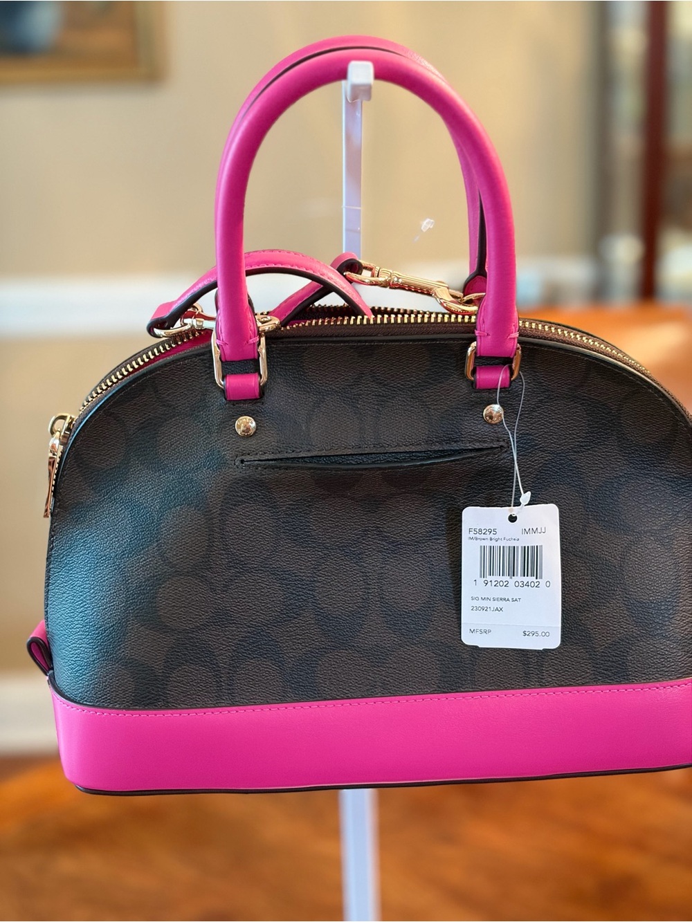 Coach Brown Signature Mini Sierra Dome Satchel with Fuscia Trim - Picture 2 of 7